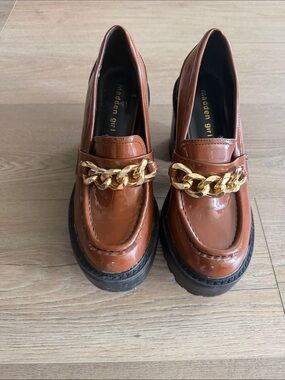 Madden Girl Brown Patent Loafers with Gold Chain